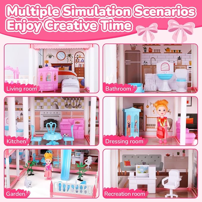 Pink Dollhouse Playset with Lights for Girls 6-12,Dream House with Garden, 3 Dolls 9 Rooms,Pet Dog and Furnitures,Indoor Playset Toys,Great Birthday Gift for Girls.