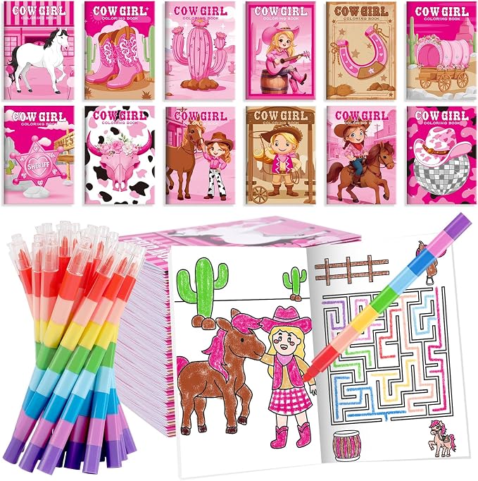 BenLouis 12 Cowgirl Mini Coloring Books Kids with 12 Stacking Crayons Western Girl Party Favors Small Activity Books Bulk for Kids Wild West Horse Party Gift Goodie Bag Stuffers