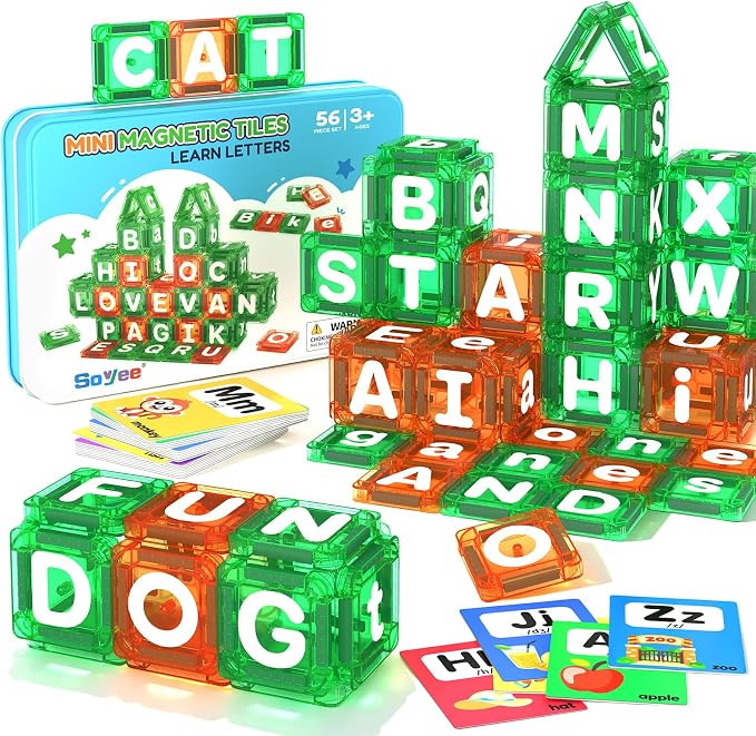 Magnetic Tiles Learn Letters Magnetic Building Blocks for Kids Ages 3-12 Double-Sided Uppercase & Lowercase Magnetic Letter Preschool Learning Toys, Educational STEM Toys & Back to School Supplies