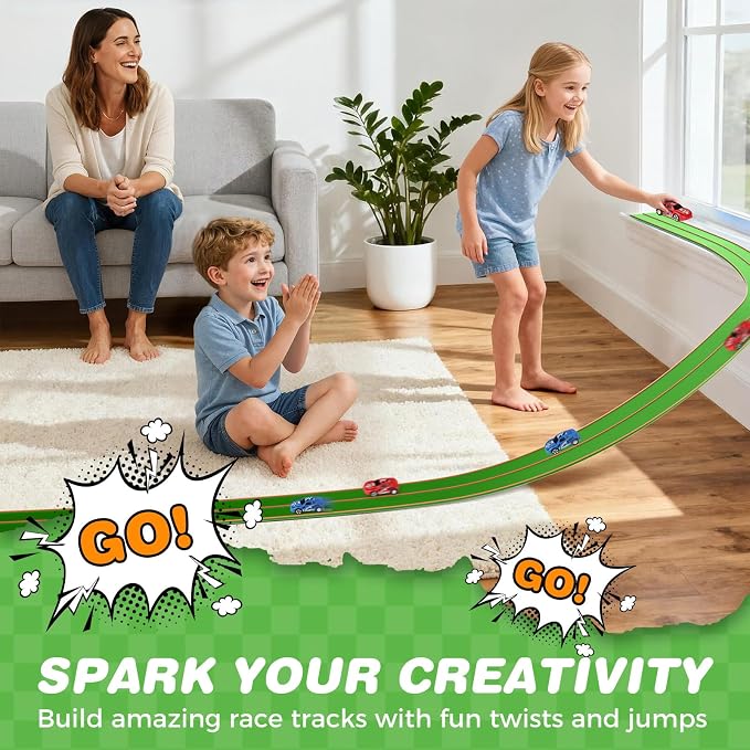 TAEMVV 15 Ft Dual Flexible Race Track for Kids, DIY Ramps Car Track Set Compatible with Hot Wheels 1/64 Diecast Cars, Reinforced Suction Cup for Boys Girls 3+, Green&Orange