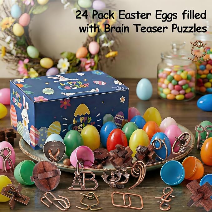 24 Pcs Brain Teaser Puzzles for Adults - Metal & Wooden 3D IQ Test Logic Game, Unlock Interlocking Brain Puzzle Toys for Teens Kids, Smart Educational Desk Toy for Mind Challenges
