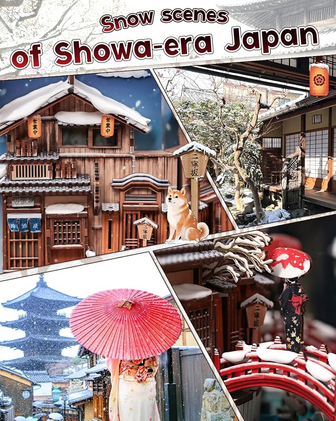 Cutefun DIY Book Nook Kit Kyoto Snow Whisper – Japanese Snow Scene 3D Wooden Puzzle Miniature Dollhouse Kit with LED Light, Bookshelf Insert Decor, Creative Gift for Adults, Teens & Book Lovers