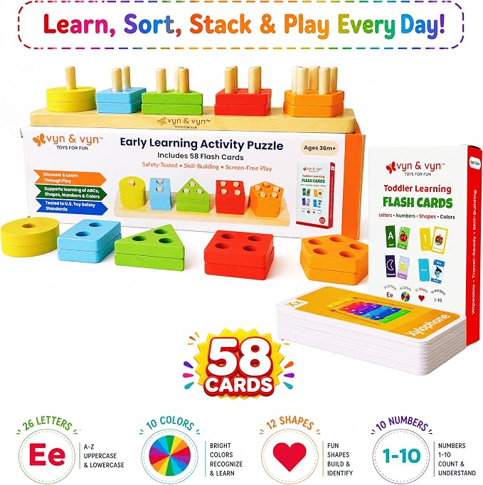 VYN & VYN Montessori Toys for 3+ Year Old Boys Girls, 2-in-1 Wooden Shape Sorter & 58 Flash Cards, Stacking and Sorting Toy, Color & Shape Matching Learning Puzzle, Educational Toy for Toddlers
