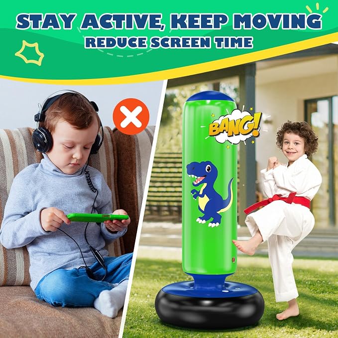 QPAU Inflatable Punching Bag, 48 Inch Stable Inflatable Boxing Bag for 3-6 Kids,Dinosaur Toy & Gifts for Boys and Girls, Kids Boxing Set for Practicing Karate, Taekwondo