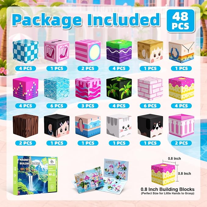 Magnetic Blocks, 48PCS Magnetic Building Cube Set for Kids Ages 3+, Constructions STEM Stacking Tiles Toy Building Birthday Gifts for Girls