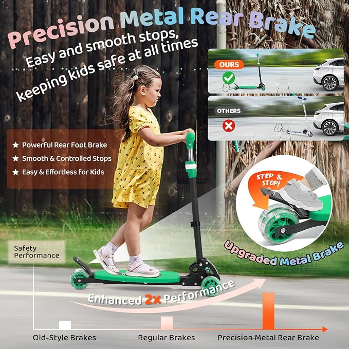 Kick Scooters for Kids 5-7 8-12,Lean to Steer,Three Wheeled Light Up,28"-32" Adjustable Handlebar,Widen Anti-Slip Deck,Floor Push Scooter for Boys Girls Ages 6-12 3-4 Old,Foldable for Travel