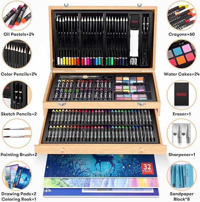 iBayam Art Supplies, 150-Pack Deluxe Wooden Art Set Crafts Drawing Painting Kit with 1 Coloring Book, 2 Sketch Pads, Creative Gift Box for Adults Artist Beginners Kids Girls Boys
