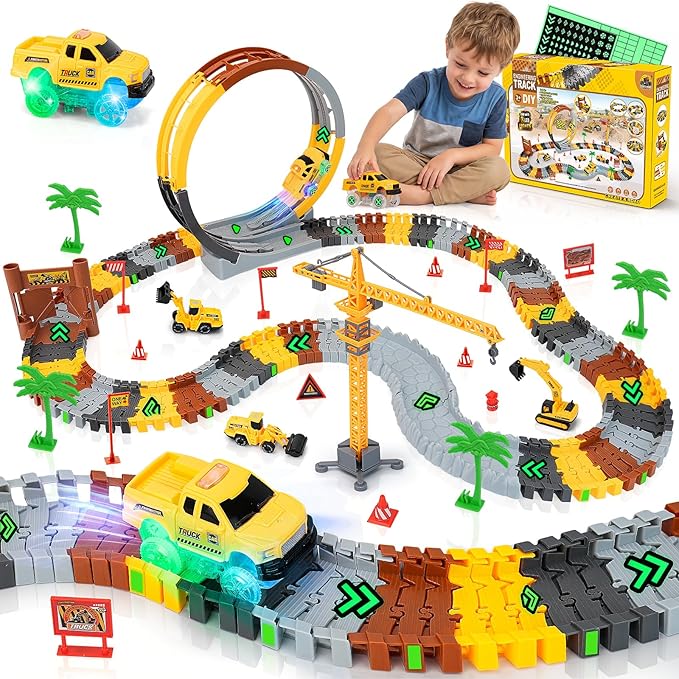 157 PCS Construction Race Tracks for Kids, Glow in The Dark Magic Toy Set with 360° Loop Ramp, 1 Light Up Car, 3 Construction Cars, Flexible DIY Track Set, Birthday Gift for 3-9 Year Old Boys Girls