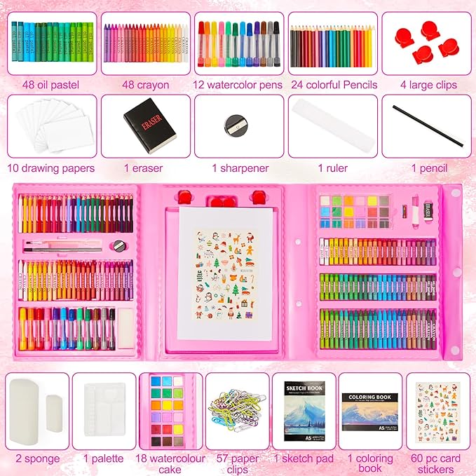 KINSPORY Art Supplies, 290 Pack Art Sets Crafts Drawing Coloring kit, Double-Side Trifold Easel, Oil Pastels, Crayons, Colored Pencils, Creative Gift for Beginners Artists Girls Boys Kids (Pink)