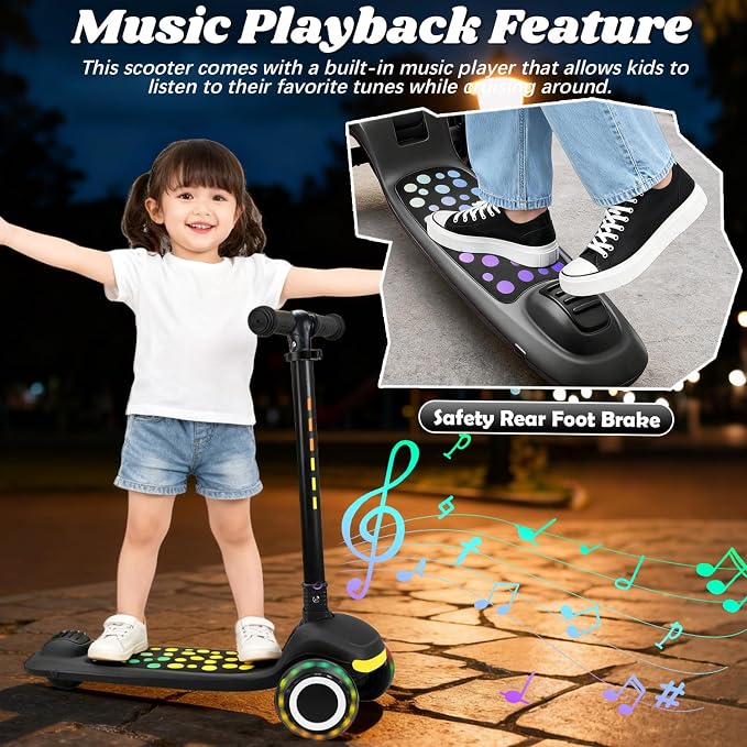 Light Up 3 Wheel Kick Scooter for Kids Toddlers with LED Sync Lights, Flashing Stem & Wide Polka Dot Deck Adjustable Height Music Function Safe Sturdy Folding Scooter for Kids