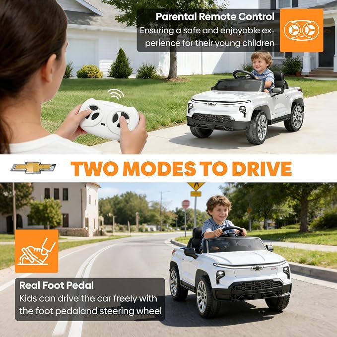 24V Licensed Chevrolet Silverado EV Electric Car for Kids, Ride on Toys for Toddlers with Remote Control, Soft Start, Wide Seat, 3 Speed, LED Lights, Music Player, Birthday Gift, White