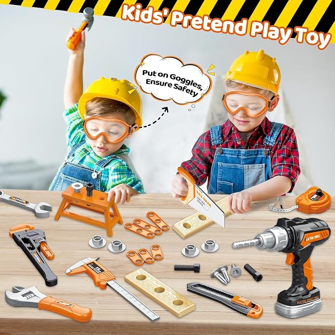 46 PCS Kids Tool Set with Portable Tool Box & Electronic Toy Drill, Toddler Tool Set, Christmas Birthday Gifts for Boys Ages 3 4 5 6, Construction Toys Tools for Kids