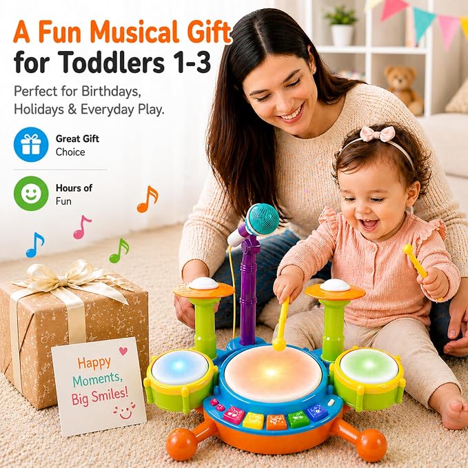 Toddler Drum Set for Toddlers, Baby Drum Set with Microphone & Lights, Kids Musical Instrument Toy for Boys Girls, Birthday Gift, Toddler Music Toy, Early Learning Toy