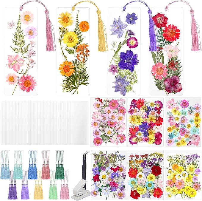 kmfosaat 344 Pcs Pressed Flower Bookmark Making Kit, 50 Laminating Pouches with 242 Dried Flowers, 50 Tassels, Tweezer and Punch, Party DIY Crafts Bookmark for Reading Women Kids