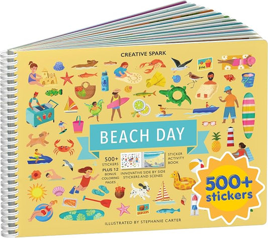 Beach Day 500+ Kids Sticker Book by Cupkin Fun Toddler Travel Activity Coloring and Sticker Book, Road Trip Essentials, 12 Coloring Pages 12 Side by Side Scenes for Ages 2–8 Years