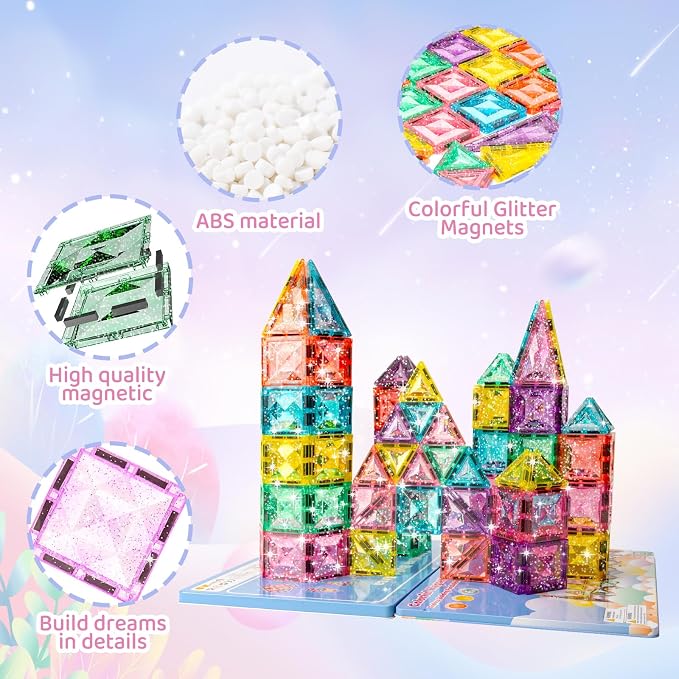 Magnetic Tiles Building Blocks for Kids Ages 3-8, Diamond Surface Travel Set with Metal Storage Box, 60PCS STEM Montessori Educational Learning Toys Gifts