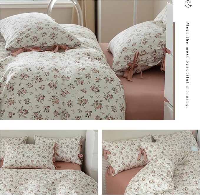 Vintage Garden Floral White Comforter Set Full Pink Flower Green Leaves Bedding Comforter Fluffy Pink Floral Cottagecore Bedding Set with 2 Bow Ties Pillowcases Botanical Comforter Set for All Season