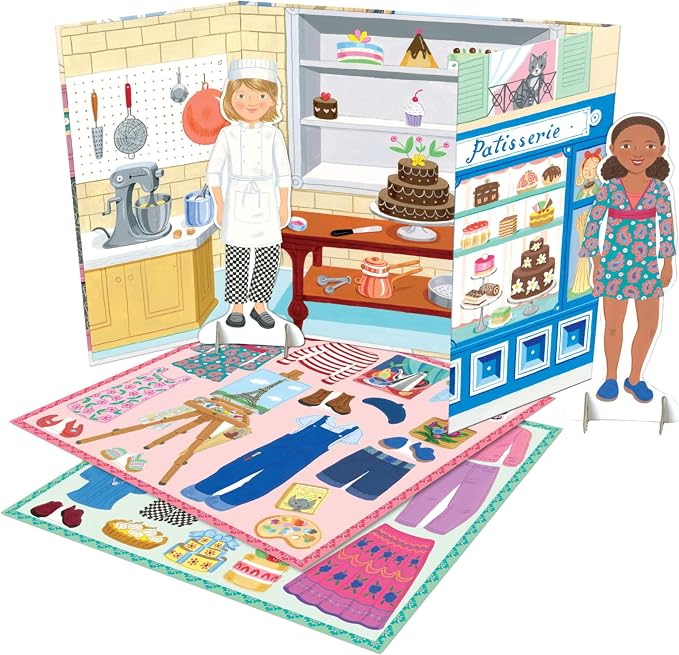 eeBoo Baker and Painter Paper Dolls Set - Reusable Dress-Up Play with Stand-Up Scene, Travel-Friendly Screen-Free Fun for Kids Ages 5 and up