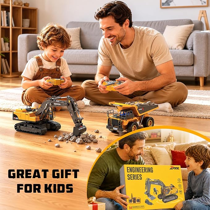 GraceDuck Remote Control Excavator and Dump Truck Toys Set, RC Construction Vehicles Toy with Alloy Bucket, Rock Breaker, Grapples, Lights and Sounds, Christmas Birthday Gifts for Boys Age 3+