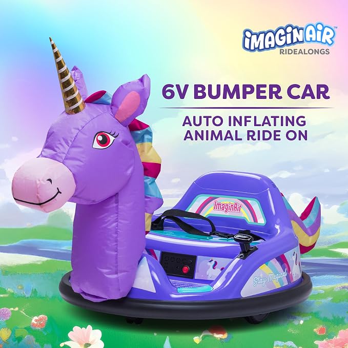 6V Unicorn Toys Bumper Car - Kids Electric Car, Ride On Toddler Toy, Toddler Boys, w/Music, Parent Remote Control, LED Light, 360° Spin, 1 MPH, Auto-inflated, Max Weight of 66lbs, Age 1.5-4