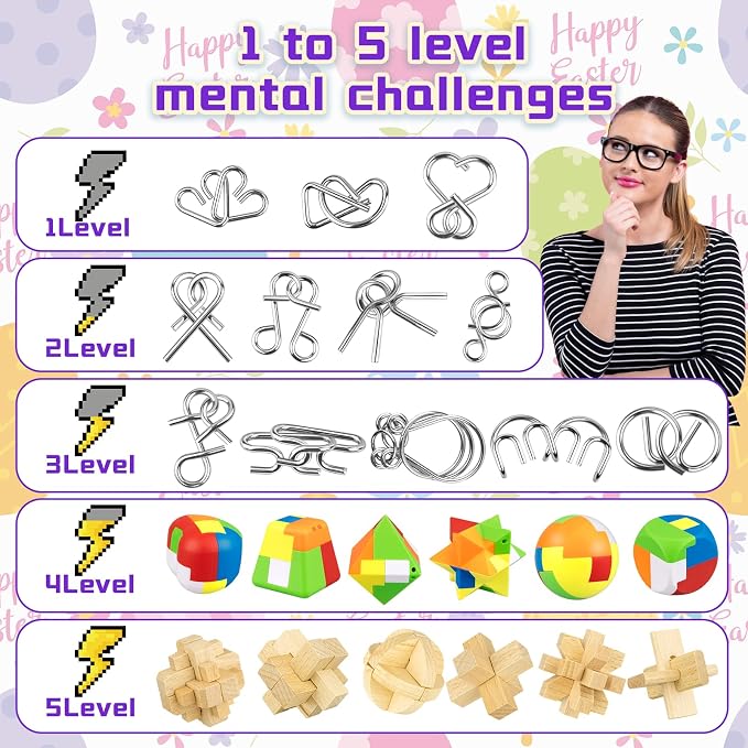 48 Pcs Prefilled Easter Eggs with Mini Brain Teaser Puzzles Metal Buckle Metal Puzzles Plastic 3D Puzzle Game forEgg Hunts Party Favors Easter Basket Stuffers