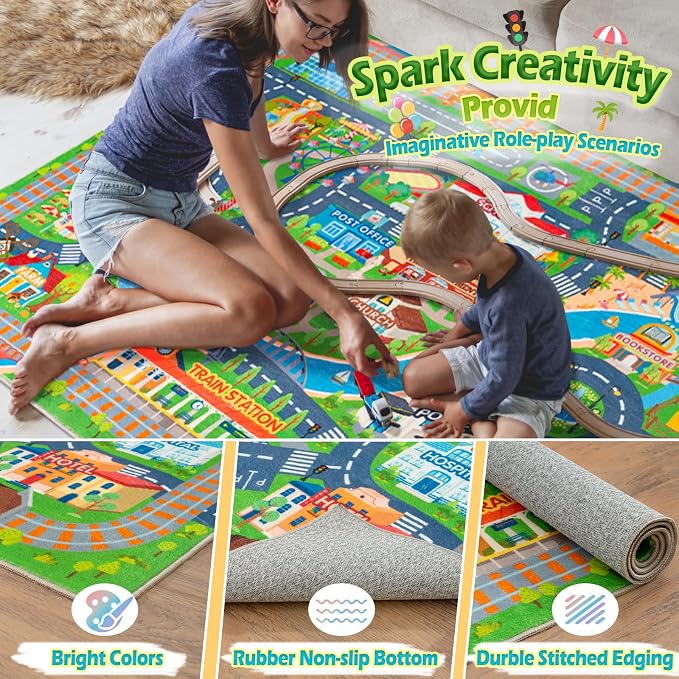 Car Rug Play Mat for Kids Toy Cars, 2 Packs 3'x4'/ 36"x48" Road Traffic Playmat for Kid Bedroom, Non-Slip Machine Washable Town City Race Track Carpet for Learn and Have Fun