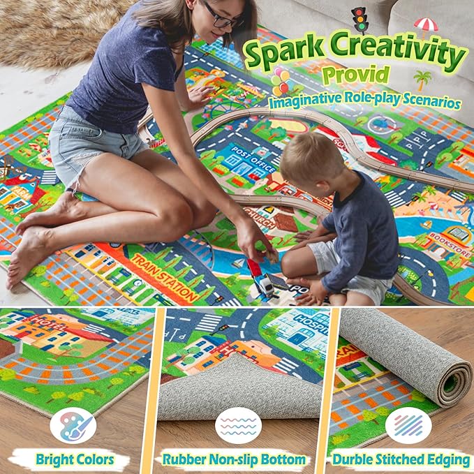 Car Rug Play Mat for Kids Toy Cars, Road Traffic Playmat for Kid Bedroom, Non-Slip Machine Washable Town City Race Track Carpet for Learn and Have Fun 8'x10'/ 96"x120"