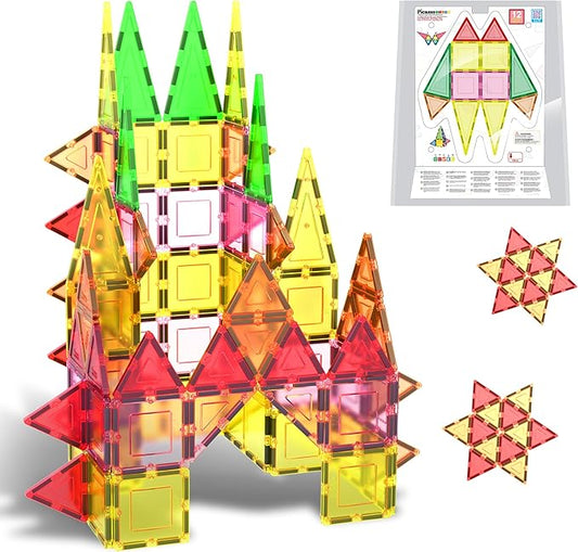 PicassoTiles Magnetic Tile Building Block Set with Squares and Triangles STEM Educational Construction Geometric Magnet Shape Kit for Brain Development Creativity and Learning for Kids Age 3 Plus PB12