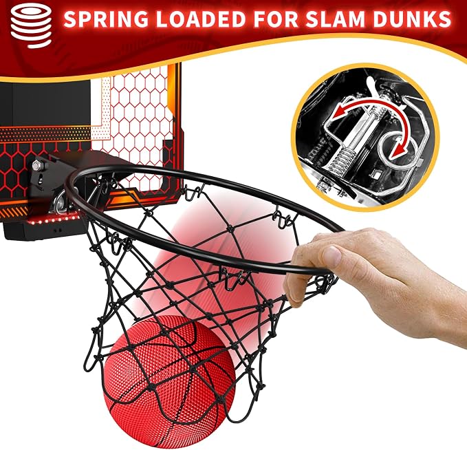 HYES Mini Basketball Hoop Indoor, Over The Door Basket Ball Hoop with 7 LED Lighting/Scoreboard/3 Modes/Foldable Rim, Wall Basketball Toy, Sport Decor Gifts for Kids Adult for Bedroom/Office (Red)