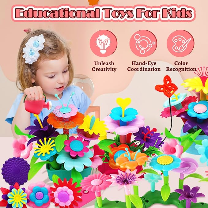 FUNZBO Girl Flower Garden Building Toys Set - Birthday Gifts for Age 3 4 5 6 7 8 Years Old Girls, STEM Montessori Educational Toy for Toddler Kids, Sorting & Stacking Spring Gardening Set