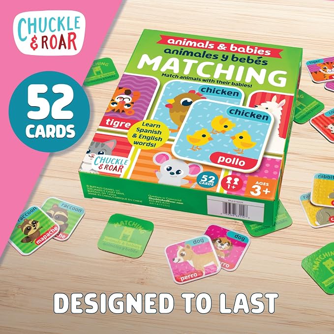 Chuckle & Roar Animals & Babies Memory Game - 52 Tiles, Bilingual, Ages 3+ - Parent & Baby Animal Matching - Preschool Games for Focus - Travel Toys for Toddlers 3-5
