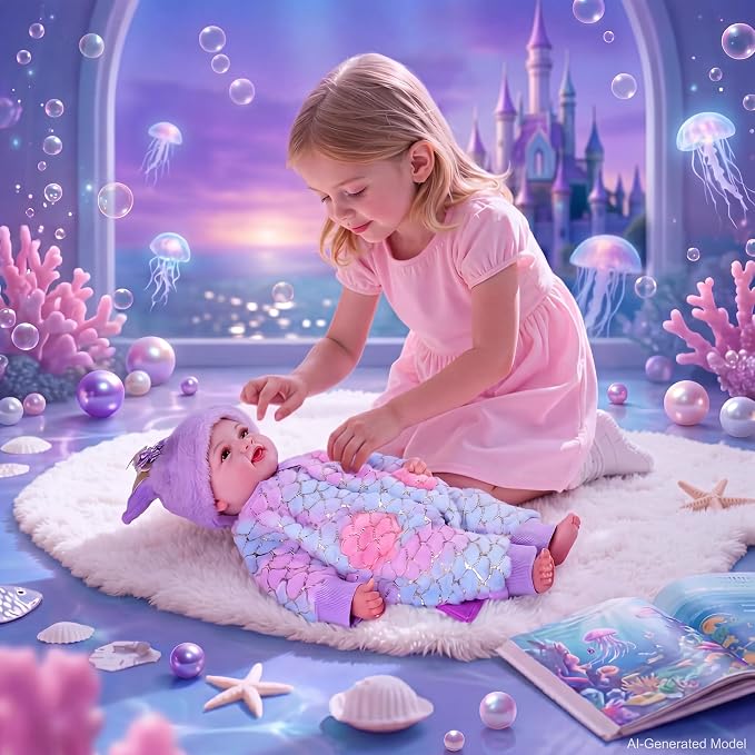 BABESIDE Mermaid Baby Doll Girl, 17-Inch Realistic Soft Baby Dolls with Shiny Mermaid Tail & Accessories, Cute Mermaid Toys for Girls Ages 3+ Kids, Christmas, Birthday