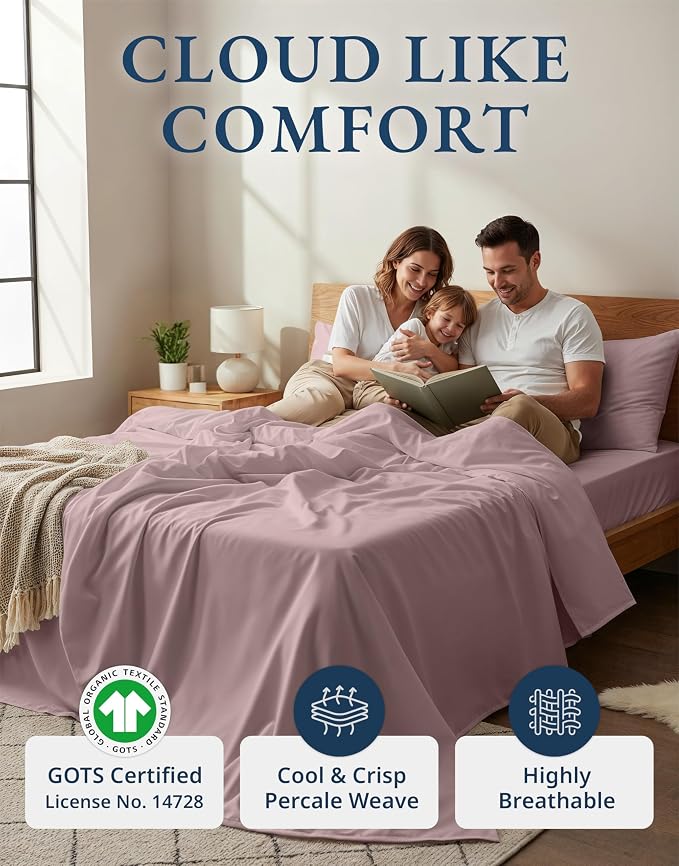 LANE LINEN Full Size Bed Sheets 100% Organic Cotton Cooling Soft - Lilac | GOTS Certified Organic Cotton Percale Full Sheet Set - For Hot Sleepers, All-Season Comfort, For Guest Bedrooms