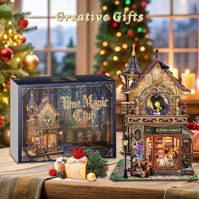 SUNNINO Miniature Dollhouse Kit, 3D Wooden Puzzles for Adults Mini House Building Kit with LED Lights Christmas Birthday Gifts Book Nook Kits Bookshelf Decor for Adults and Teens, Time Magic Club