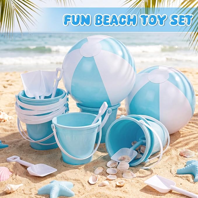 Lunmon 72 Pcs Beach Toys for Kids 24 Set Sand Buckets Shovels Bulk Pastel Beach Balls Inflatable Sand Toys for Girls Boys Toddlers Games Birthday Summer Pool Party Favor (Blue White, Castle)