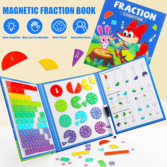 Magnetic Fraction Demonstration Book, 164PCS Magnetic Fraction Tiles, Fraction Manipulatives, Score Disk Demonstrator Math Puzzle Manipulatives for Elementary School, Learning Toys Set for Kids