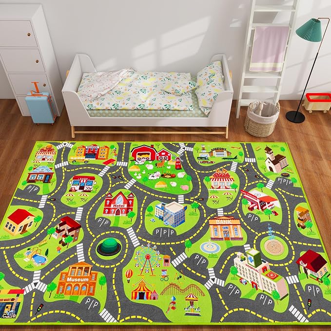 Kids Car Rug Play Mat, Non Slip City Road Carpet for Kids Toy Cars, Car Track Rug Play Mats for Floor, Educational Vehicle Rugs for Playroom Bedroom Kids Room, Machine Washable (78.7"X47.3", A)