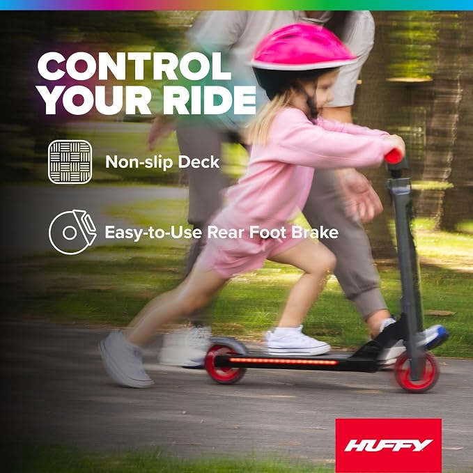 Huffy Light Up Inline Scooter for Kids, 2 Wheel Kick Scooter with LED Lights and Rear Brake, Foldable, Adjustable Handlebar on Select Models, Durable Frame, Licensed Character Graphics