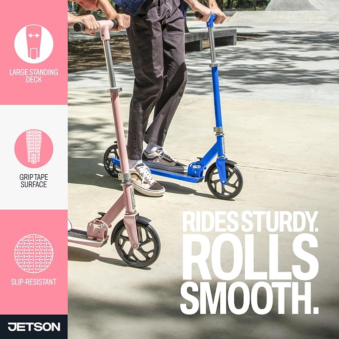 Jetson Jupiter Jumbo 2-Wheel Kick Scooter, Sturdy Wide Deck, Height Adjustable Handlebar, Rear Brake, Easy-Folding Mechanism, 8 inch wheels