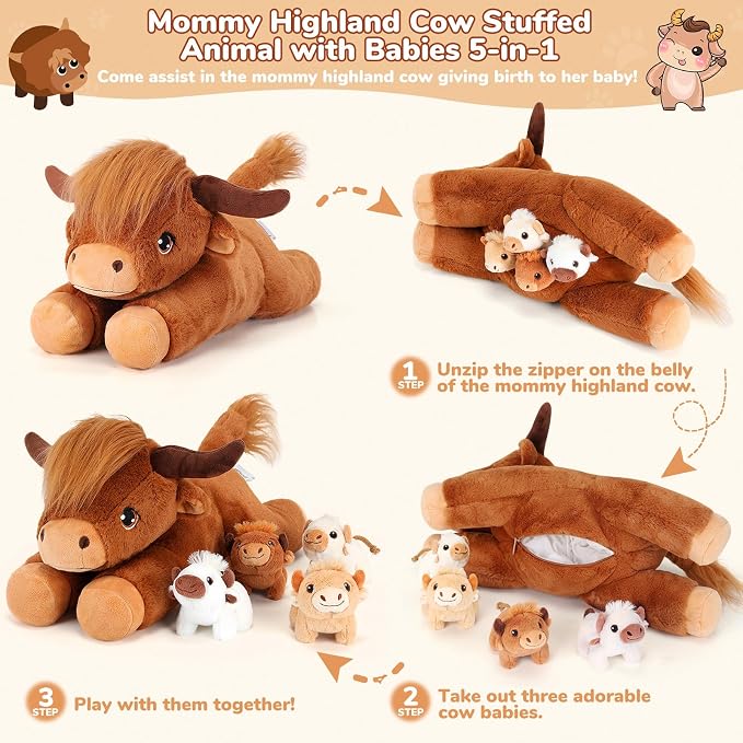 gnomantic Highland Cow Stuffed Animals with Babies, Mommy Toy for Kids | 5-Piece set: 1 mommy highland cow + 4 surprise babies inside. Unzip belly to reveal babies. Ultra-soft, safe for ages 3-8.