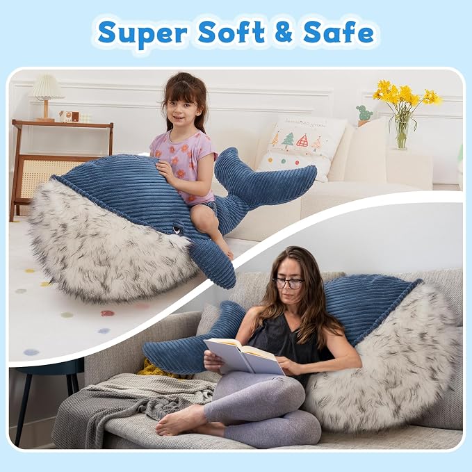 MorisMos Giant Blue Whale Stuffed Animal Plush Pillow, Huge 43.3" Plush Whale Toy for Kid/Adult, 4ft Large Stuffed Animal Ocean/Sea Toy Gift for Marine Creature Lover, Sea Life Decor, CE/CPC Certified