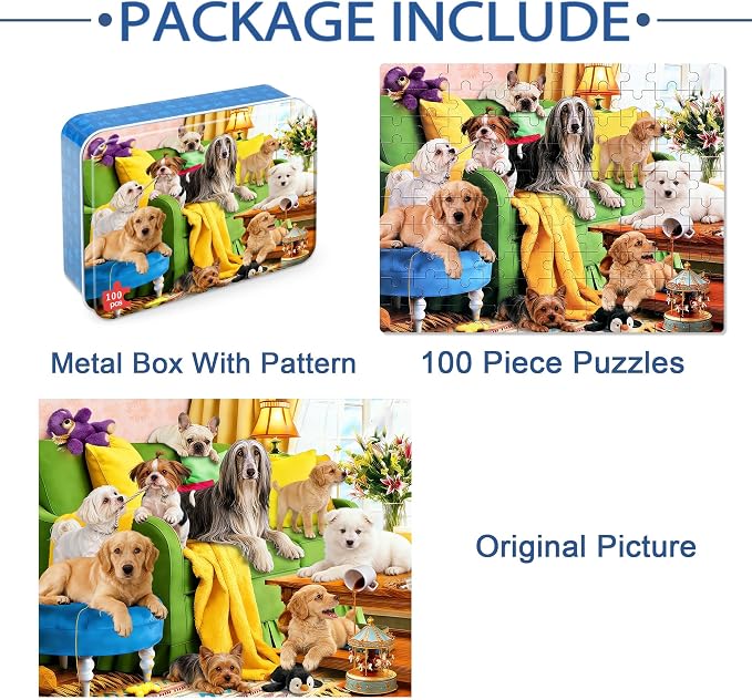 LELEMON Puzzles for Kids Ages 4-6,Playful Dog 100 Piece Puzzles for Kids Ages 6-8 in a Metal Box,Educational Jigsaw Puzzles,Childrens 100 Piece Puzzle Games Puzzle Toys for Girls and Boys