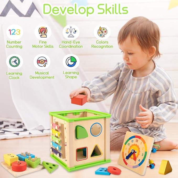 WOODMAM Wooden 7-in-1 Activity Cube| Montessori Toys for 1 Year Old Toddlers| Baby Educational Developmental Toys |One Year Old Boys Girls First Birthday Gifts |Bonus Sorting & Stacking Board