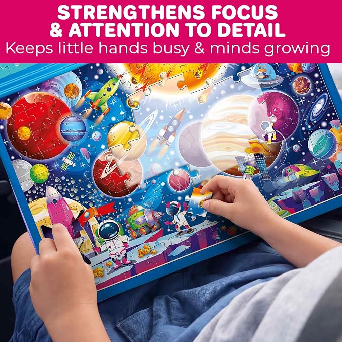 QUOKKA Magnetic Puzzles for Kids Ages 4-6 – 100 PCS Magnetic Puzzle Book for Toddlers 3-5 – 2 Puzzles & 2 Spot The Difference Maps – Search & Find Travel Games – Space, World Map Toddler Travel Toys