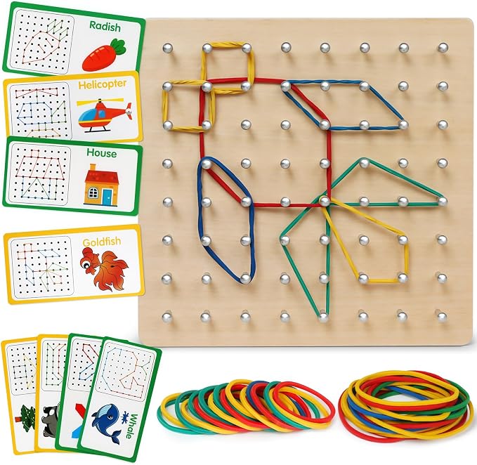 Wooden Geoboard for Kids - Montessori STEM Educational Toy with Pattern Cards & Rubber Bands,Early Fine Motor Skill Learning Shape Puzzle & Brain Teaser Geo Board for Boys Girls Ages 3+
