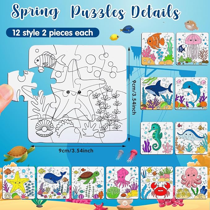 Realspring 24 Pack Under The Sea Color Your Own Jigsaw Puzzles for Kids 3-5, 4-6, 6-8, Coloring Crafts DIY Paper Puzzles Party Favors Gifts for Toddler Children Learning Education Toys