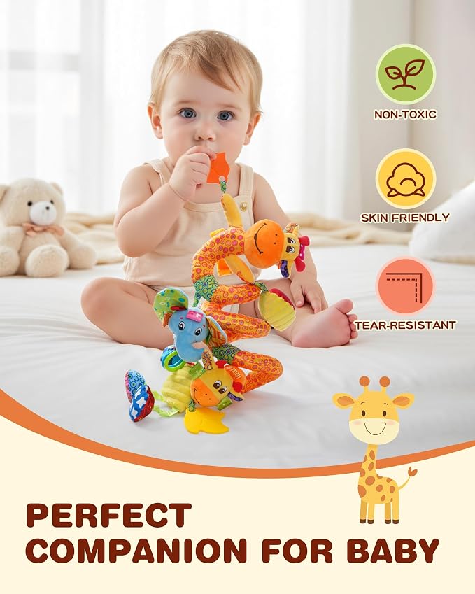Jollybaby Crib Stroller Car Seat Toys for Baby 0-3-6-9-12 Months, Tummy Time Hanging Sensory Toys for Newborn with Music Box and Teether, Spiral Carseat Toy for Infant Boys Girls Gifts (Giraffe)