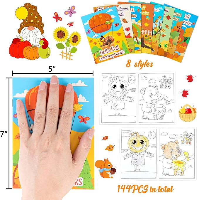 90shine 144PCS Fall Coloring Books for Kids, Thanksgiving Party Favors in Bulk Goodie Bag Stuffers Ages 3-5 4-8