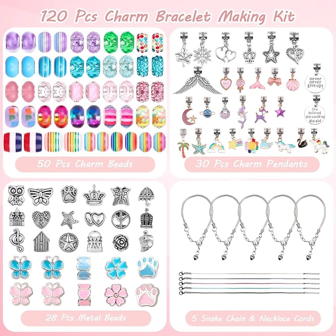 UFU Charm Bracelet Making Kit, 120Pcs DIY Jewelry Making Kit Arts & Crafts Gift for Girls 5 6 7 8-12, A Sweet Birthday Gift & Toy to Inspire Imagination & Creativity, with Portable Jewelry Box
