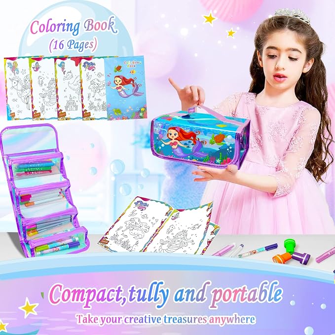 weirtoya 56 PCS Washable Scented Markers with Glitter Pencil Case, Mermaid Unicorn Arts and Crafts for kids 4-6-8 Kids Coloring Drawing Kits for 4-8 Years Old Girls (Mermaid, 56)